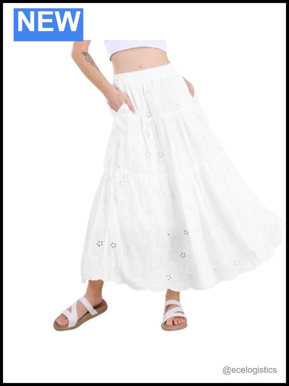 Women's Lace Eyelet Embroidery Boho Skirt High Elastic High Rise Flowy Swing